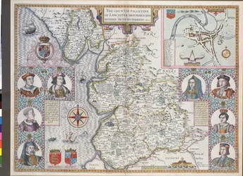 Lancaster százakra osztott térképe, 1610 (színes metszet)